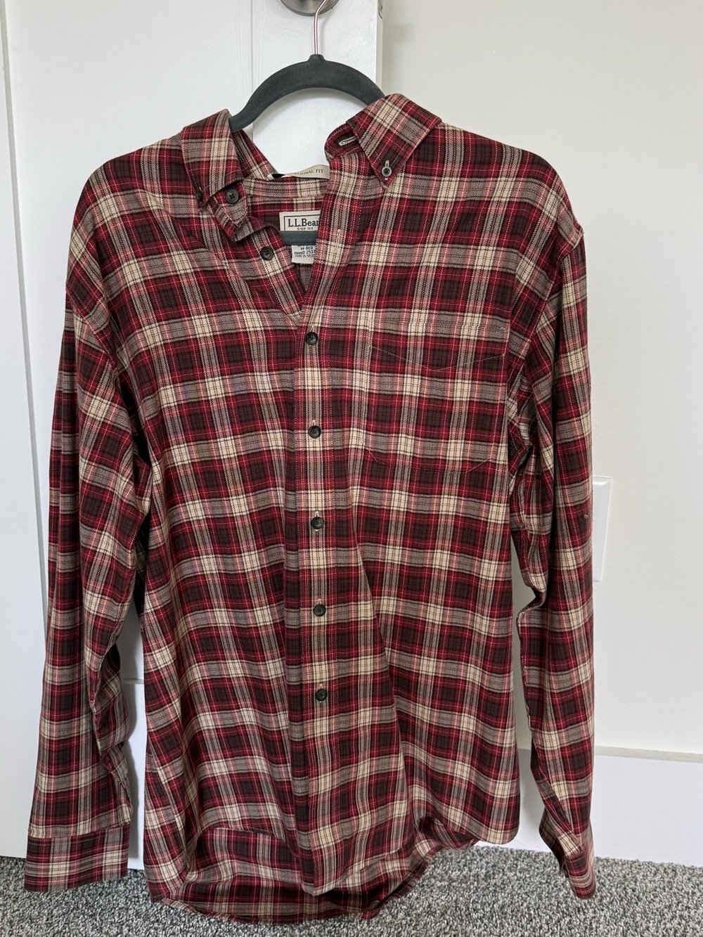 L.L. Bean Men’s Red and Cream Plaid Button-Down Shirt